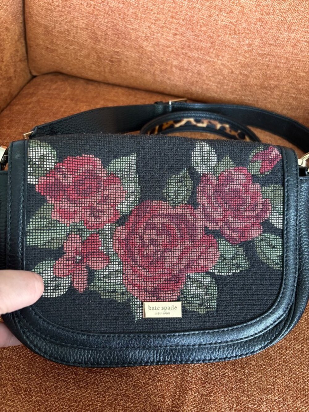 Kate Spade NY Seeley Lane Rae Crossbody Bag Rose Needlepoint & Leopard Strap - Picture 11 of 12